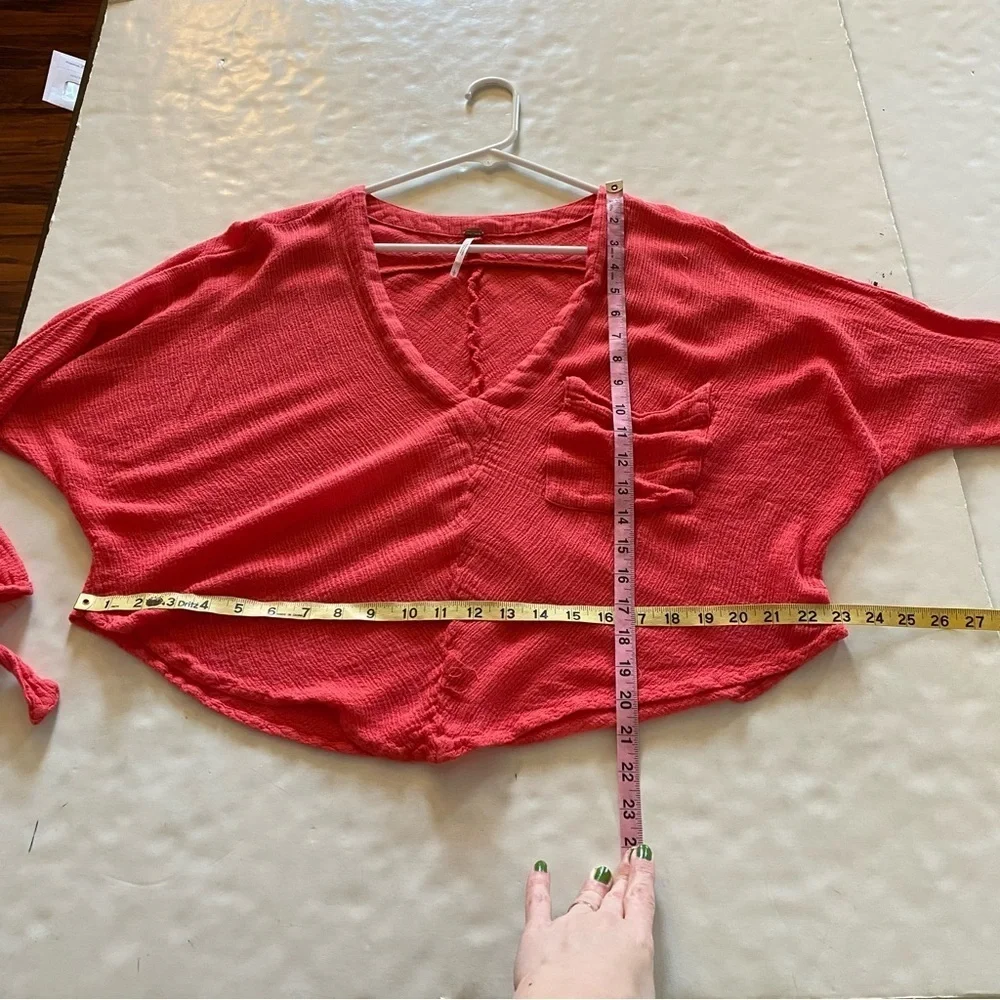 Free People Morning Gauze Top Womens Size Large V Neck Coral Orange Pocket Shirt